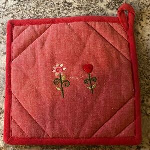 Red Quilted Pot Holder with Embroidered Flowers